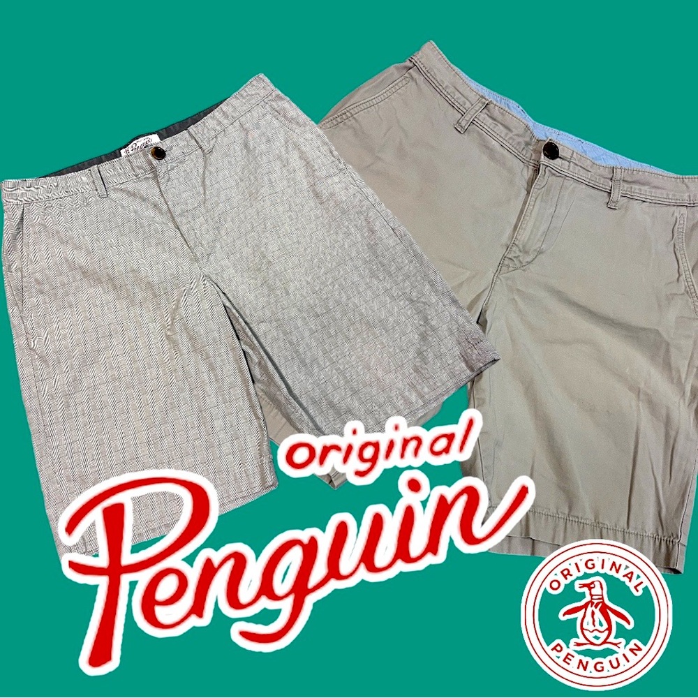⭐️HP⭐️Original Penguin Men’s Shorts Bundle. Size 32-33 Grey plaid and Khaki - Picture 2 of 14